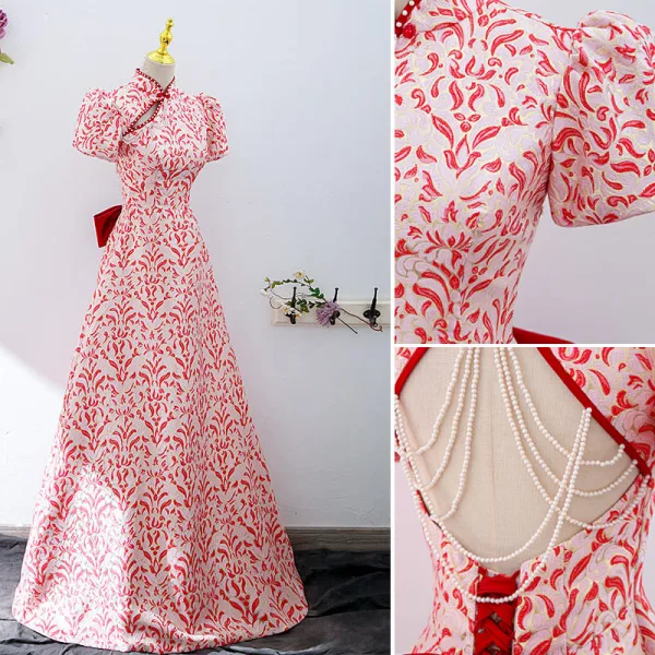 Vintage / Retro Red Floral Pearl Evening Dresses 2022 A-Line / Princess High Neck Short Sleeve Backless Bow Floor-Length / Long Evening Party Formal Dresses
