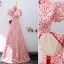 Vintage / Retro Red Floral Pearl Evening Dresses 2022 A-Line / Princess High Neck Short Sleeve Backless Bow Floor-Length / Long Evening Party Formal Dresses