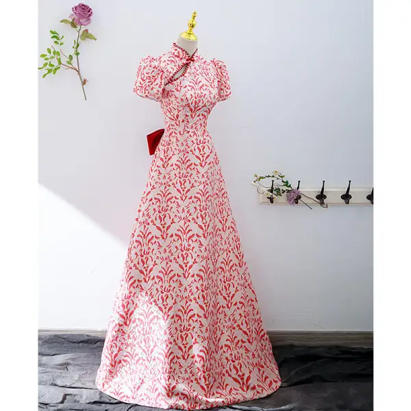 Vintage / Retro Red Floral Pearl Evening Dresses 2022 A-Line / Princess High Neck Short Sleeve Backless Bow Floor-Length / Long Evening Party Formal Dresses