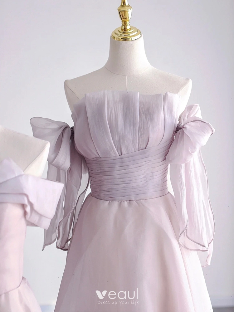 Modest Simple Lavender Bridesmaid Dresses 2023 A Line Princess Off The  Shoulder Short Sleeve Backless Floor Length Long Bridesmaid Dresses