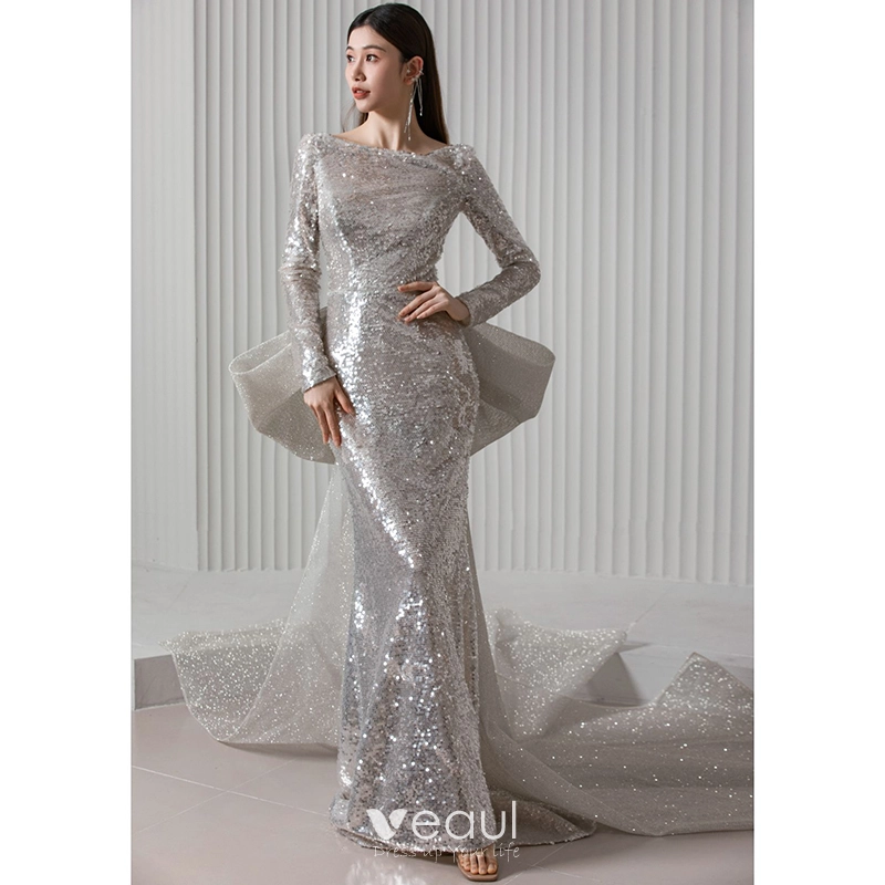 Sparkly Silver Sequins Evening Dresses 2024 Trumpet Mermaid Scoop Neck Long  Sleeve Backless Bow Court Train Evening Party Formal Dresses