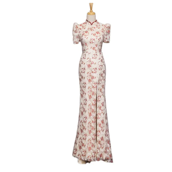 Chic / Beautiful Lace Flower Evening Party Cheongsam 2022 Trumpet / Mermaid Pearl High Neck Short Sleeve Floor-Length / Long Split Front