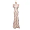 Chic / Beautiful Lace Flower Evening Party Cheongsam 2022 Trumpet / Mermaid Pearl High Neck Short Sleeve Floor-Length / Long Split Front