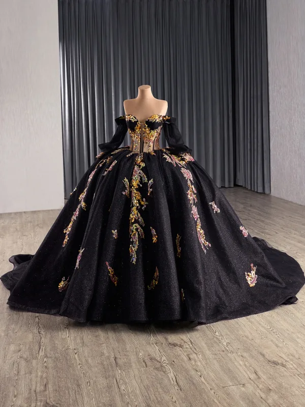 Haut de Gamme Noire Fait main Perlage Paillettes Quinceañera Robe De Bal 2025 Robe Boule De l'épaule 1/2 Manches Dos Nu Tribunal Train Robe De Ceremonie