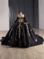 Haut de Gamme Noire Fait main Perlage Paillettes Quinceañera Robe De Bal 2025 Robe Boule De l'épaule 1/2 Manches Dos Nu Tribunal Train Robe De Ceremonie
