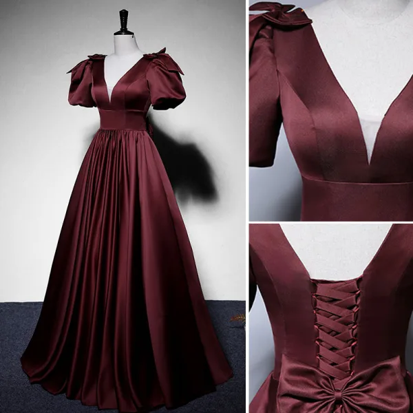 Vintage Purple Satin Balklänningar 2022 Prinsessa V-Hals Pösigt Korta ärm Halterneck Rosett Långa Formella Klänningar