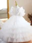 Chic / Beautiful White Beading Sequins Cascading Ruffles Birthday Flower Girl Dresses 2023 Ball Gown Scoop Neck Short Sleeve Floor-Length / Long
