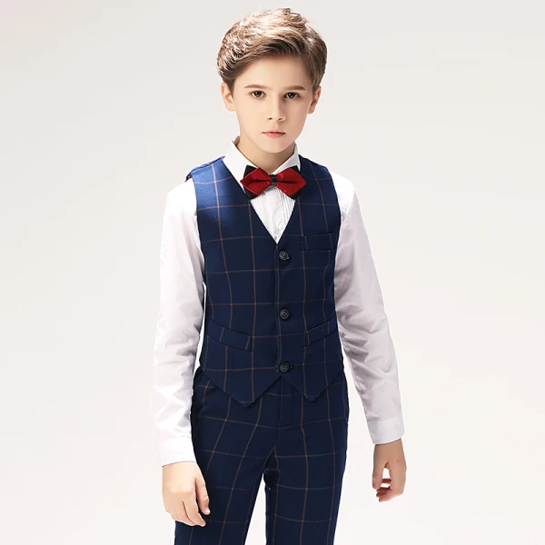 Navy Blue Stripe Long Sleeve Boys Wedding Suits 2022 Body Jewellery Coat Pants Shirt Tie Vest Wedding