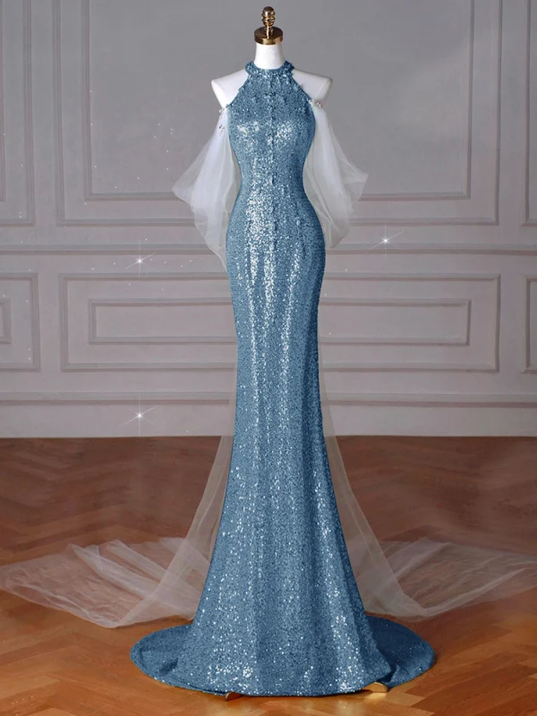 Glitzernden Blau Perlenstickerei Perle Strass Pailletten Abendkleider 2024 Meerjungfrau Stehkragen Ärmellos Sweep / Pinsel Zug Festliche Kleider