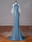 Glitzernden Blau Perlenstickerei Perle Strass Pailletten Abendkleider 2024 Meerjungfrau Stehkragen Ärmellos Sweep / Pinsel Zug Festliche Kleider