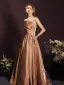 Sexy Khaki Satin Summer Evening Dresses 2023 A-Line / Princess Strapless Sleeveless Backless Bow Floor-Length / Long Evening Party Formal Dresses