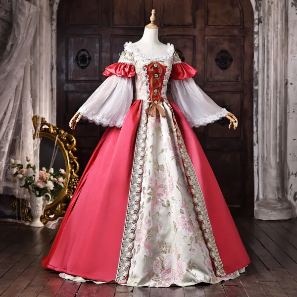 Vintage / Originale Médiévale Fushia En Dentelle Fleur Robe De Bal 2026 Robe Boule U-Cou Manches de cloche Dos Nu Longue Robe De Ceremonie
