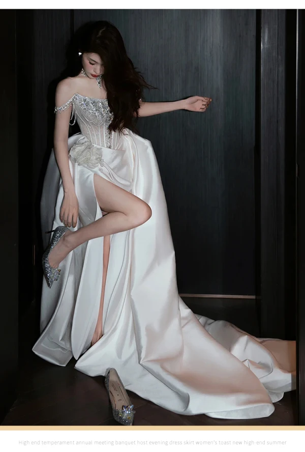 Illusion White Beading Rhinestone Satin Split Front Corset Wedding Dresses 2024 A-Line / Princess Strapless Sleeveless Backless Chapel Train Wedding