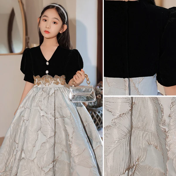 Elegant Black Prom Flower Girl Dresses 2022 Ball Gown V-Neck Short Sleeve Beading Sequins Floor-Length / Long Flower Girl Dresses