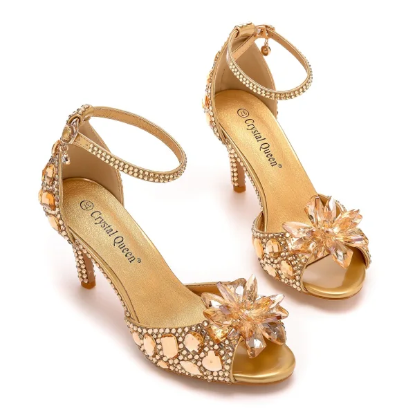 Charmant Gold Abend Kristall Sandalen Damen 2023 Strass Knöchelriemen 7 cm Stilettos Peeptoes Sandaletten Hochhackige