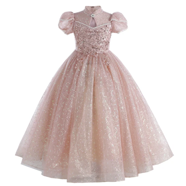 Chic / Beautiful Champagne Beading Pearl Sequins Birthday Flower Girl Dresses 2024 Ball Gown High Neck Short Sleeve Floor-Length / Long