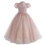Chic / Beautiful Champagne Beading Pearl Sequins Birthday Flower Girl Dresses 2024 Ball Gown High Neck Short Sleeve Floor-Length / Long