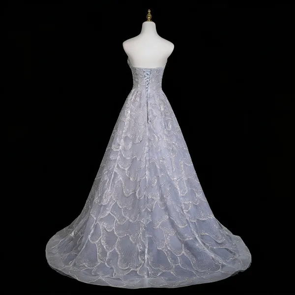 Jaw-dropping Fashion Grey Glitter Sequins Prom Dresses 2026 A-Line / Princess Strapless Sleeveless Backless Sweep Train Formal Dresses