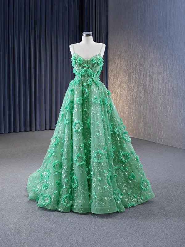 Haut de Gamme Charmant Vert Cendré Perlage Paillettes Appliques Robe De Bal 2023 Princesse Bretelles Spaghetti Sans Manches Dos Nu Train De Balayage Promo Robe De Ceremonie
