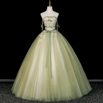 Verspieltes Salbeigrün Perlenstickerei Pailletten Schleife Stoffgürtel Ballkleider 2026 Ballkleid Bandeau Ärmellos Rückenfreies Lange Festliche Kleider