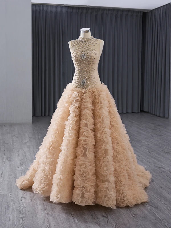 High-end Gold Rhinestone Sequins Pleated Prom Dresses 2024 A-Line / Princess High Neck Sleeveless Floor-Length / Long Prom Formal Dresses