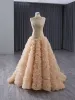 High-end Gold Rhinestone Sequins Pleated Prom Dresses 2024 A-Line / Princess High Neck Sleeveless Floor-Length / Long Prom Formal Dresses