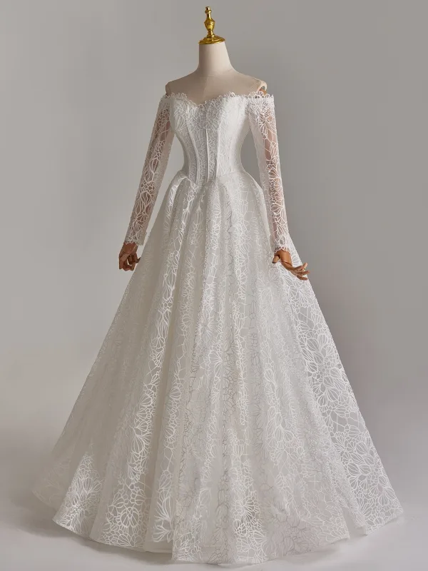 Modest / Simple White Lace Flower Wedding Dresses 2025 A-Line / Princess Off-The-Shoulder Long Sleeve Backless Floor-Length / Long