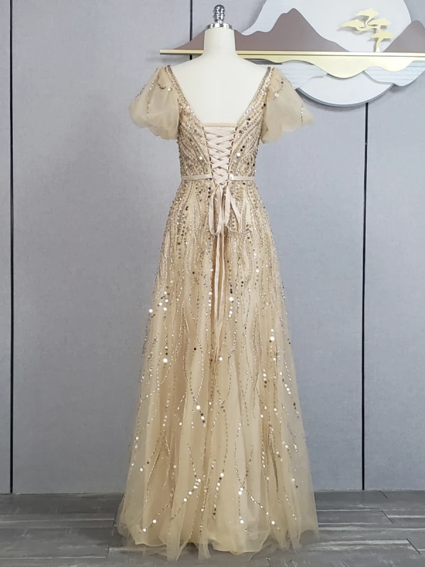 Charming Champagne Beading Sequins Prom Dresses 2024 A-Line / Princess V-Neck Short Sleeve Backless Bow Sash Floor-Length / Long Prom Formal Dresses