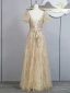 Charming Champagne Beading Sequins Prom Dresses 2024 A-Line / Princess V-Neck Short Sleeve Backless Bow Sash Floor-Length / Long Prom Formal Dresses