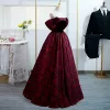 Elegant Burgundy Printing Prom Dresses 2022 Ball Gown Off-The-Shoulder Short Sleeve Backless Floor-Length / Long Formal Dresses