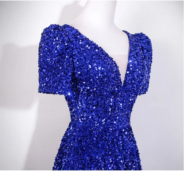 Sparkly Royal Blue Sequins Prom Dresses 2026 A-Line / Princess V-Neck Short Sleeve Backless Floor-Length / Long