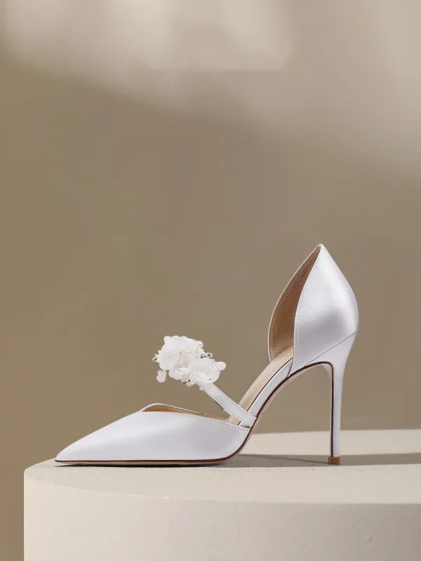 Elegant White Satin Pearl Flower Wedding Shoes 2024 10 cm Stiletto Heels Pointed Toe Wedding Sandals High Heels
