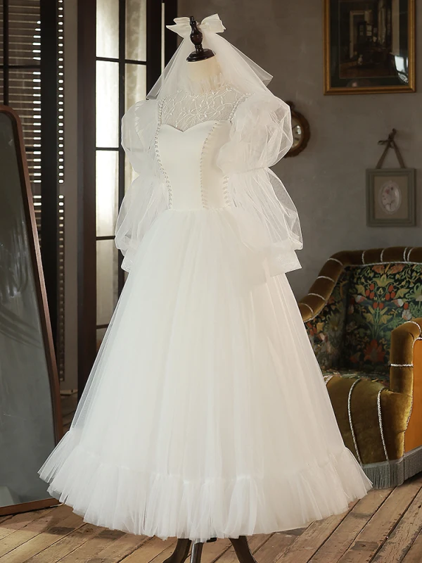 Elegant Ivory Pearl Wedding Dresses 2023 A-Line Princess High Neck 3/4 Sleeve Backless