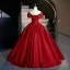 Vintage / Retro Red Rhinestone Prom Dresses 2026 Ball Gown Off-The-Shoulder Sleeveless Backless Floor-Length / Long Formal Dresses