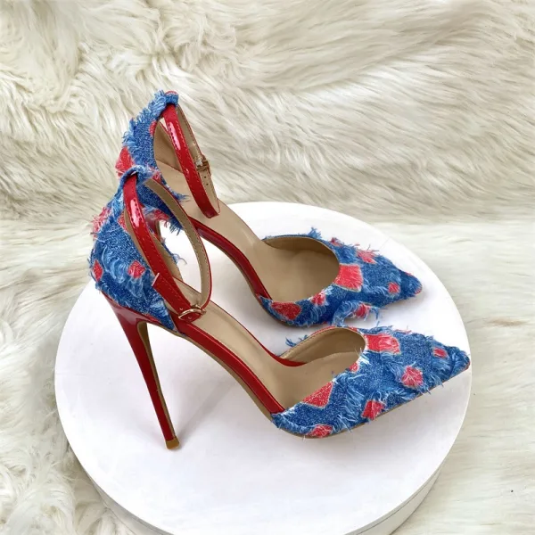 Fashion Red Denim Evening Party Womens Shoes 2024 Ankle Strap 12 cm Stiletto Heels Pointed Toe High Heels