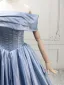 Modest / Simple Sky Blue Prom Dresses 2025 Ball Gown Off-The-Shoulder Short Sleeve Backless Floor-Length / Long Prom Formal Dresses
