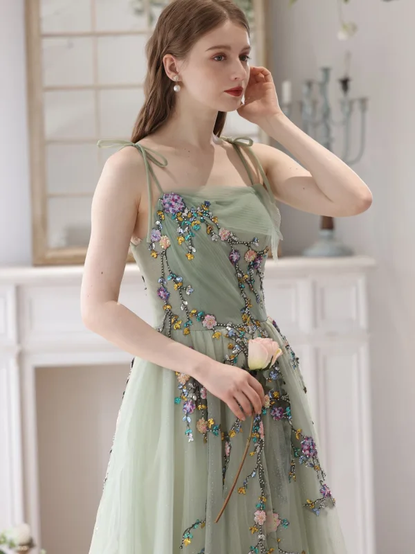 Chic / Beautiful Sage Green Beading Lace Flower Prom Dresses 2024 A-Line / Princess Spaghetti Straps Sleeveless Backless Floor-Length / Long Prom Formal Dresses