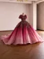 Volumineux Dégradé De Couleur Bordeaux Perlage En Dentelle Fleur Paillettes Robe De Bal 2026 Robe Boule V-Cou Manches Courtes Tribunal Train Robe De Ceremonie