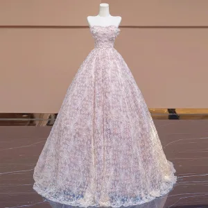 Chic Belle Rougissant Rose Appliques Paillettes Robe De Bal 2024 Robe Boule Bustier Sans Manches Dos Nu Longue Promo Robe De Ceremonie