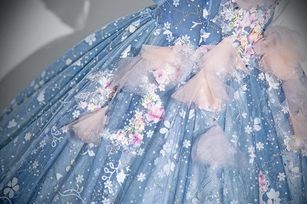 Flower Fairy Sky Blue Appliques Sequins Prom Dresses 2024 Ball Gown Off-The-Shoulder Short Sleeve Backless Floor-Length / Long Prom Formal Dresses