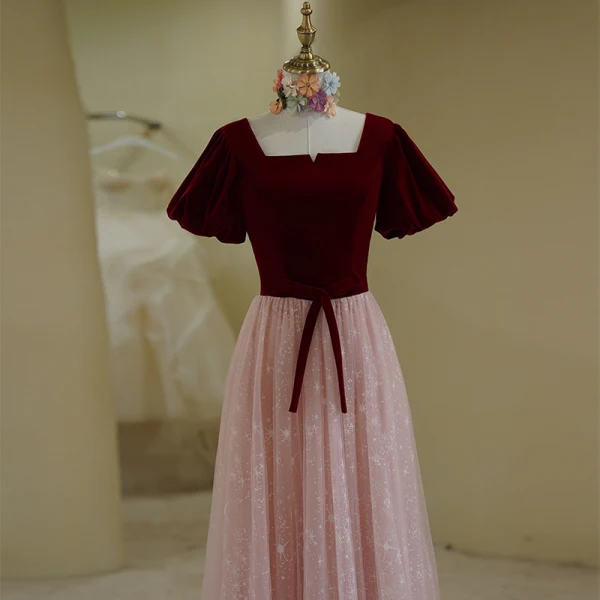 Elegant Burgundy Suede Prom Dresses 2022 A-Line / Princess Square Neckline Puffy Short Sleeve Bow Sash Backless Prom Floor-Length / Long Formal Dresses