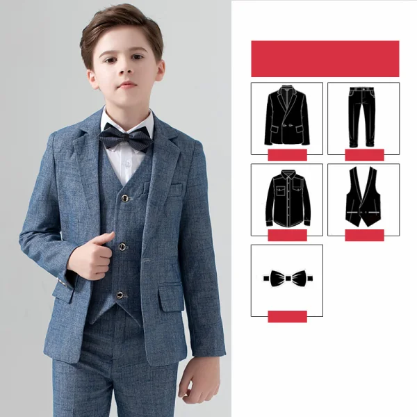 Moderne / Mode Océan Bleu Manches Longues Costume Garçon Mariage 2023 Manteau Pantalon Chemise Cravate Gilet Mariage