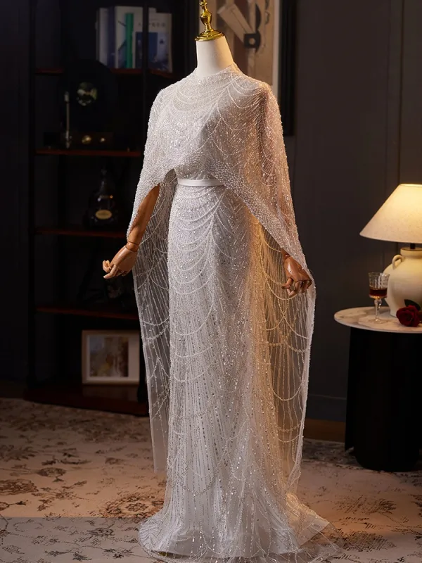 Luxury / Gorgeous Grey Handmade Beading Pearl Sequins Evening Dresses 2025 Trumpet / Mermaid Scoop Neck Short Sleeve Floor-Length / Long Evening Party Formal Dresses