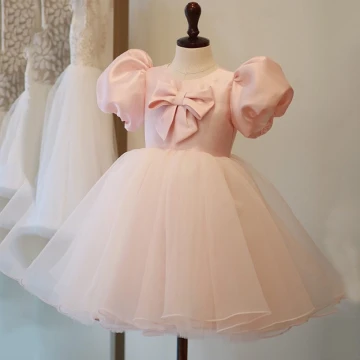 Lovely Candy Pink Short Birthday Flower Girl Dresses 2022 Ball Gown Scoop Neck Puffy Short Sleeve Bow Flower Girl Dresses
