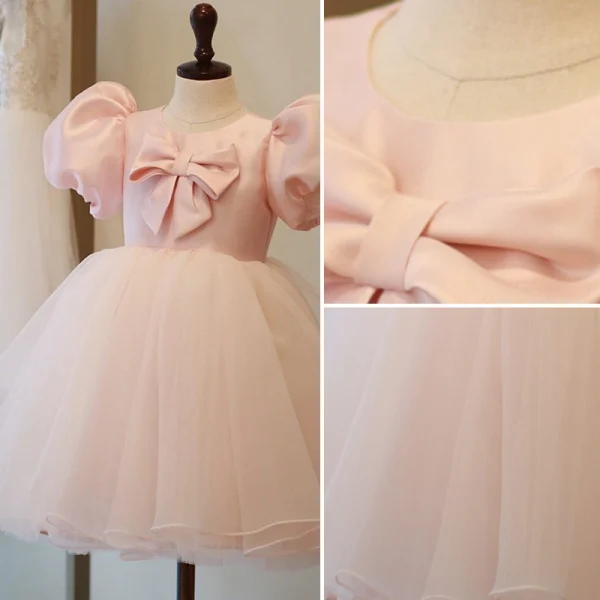 Lovely Candy Pink Short Birthday Flower Girl Dresses 2022 Ball Gown Scoop Neck Puffy Short Sleeve Bow Flower Girl Dresses