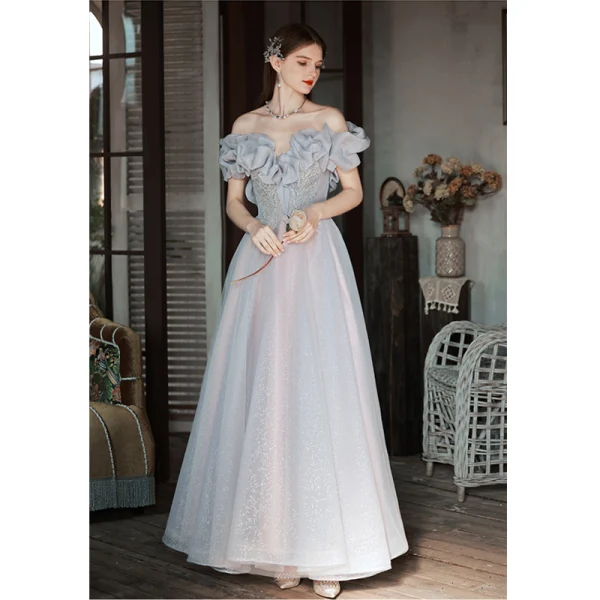 Chic / Belle Gris Paillettes Robe De Bal 2022 Princesse De l'épaule Volants Manches Courtes Dos Nu Longue Promo Robe De Ceremonie