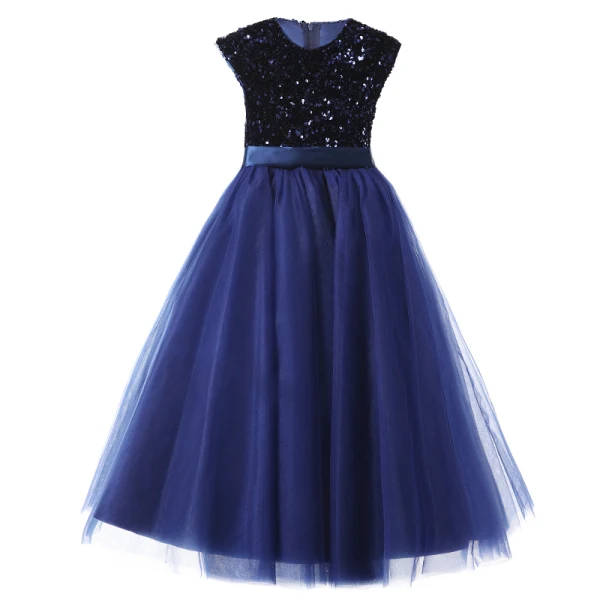 Vintage / Retro Chic / Beautiful Navy Blue Sequins Prom Flower Girl Dresses 2022 Ball Gown Scoop Neck Bow Sash Sleeveless Floor-Length / Long Flower Girl Dresses