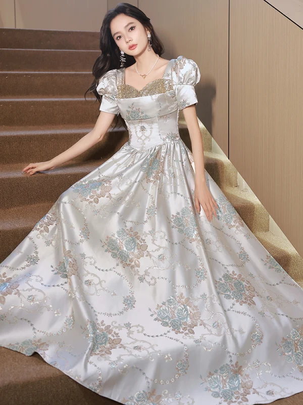 Chic / Belle Argenté Gris Impression Robe De Soirée 2023 Princesse Encolure Carrée Paillettes Manches Courtes Longue Promo Robe De Ceremonie