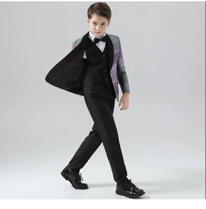 Silver 5 Piece Wedding Boys Wedding Suits 2024 Coat Pants Shirt Tie Vest