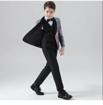 Silver 5 Piece Wedding Boys Wedding Suits 2024 Coat Pants Shirt Tie Vest